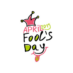 Naklejka premium April Fools Day 2019. Cartoon style. Handwritten logo for fool's day. Vector template.