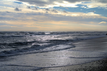 sunrise over the sea, water, clouds, waves, sun, nature, landscape, coast, cloud, blue, horizon,morning,