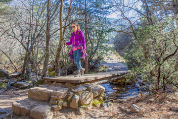 Naklejka premium hiker woman with purple jacket crossing a wooden footbridge over a stream, in a forest of Pedriza Mountain (Madrid, Spain)