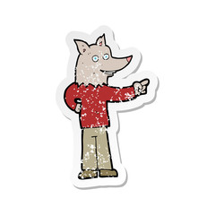 retro distressed sticker of a cartoon wolf man pointing