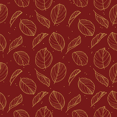 Elegant seamless pattern with drawn gold Calathea Prayer Plant leaves outlines in gold color on dark red background