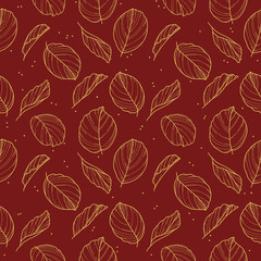 Elegant seamless pattern with drawn gold Calathea Prayer Plant leaves outlines in gold color on dark red background