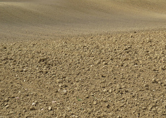 Close Look at Brown Field Landscape of Agricultural Plowed Soil Dirt
