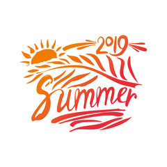 Summer 2019. Hand drawn inscription and palm leaf and sun. Vector design.