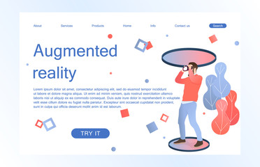 Landing page template of virtual augmented reality glasses concept with man learning and entertaining. Concept of web page design for website and mobile website. Vector illustration.