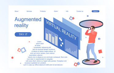 Landing page template of virtual augmented reality glasses concept with man learning and entertaining. Concept of web page design for website and mobile website. Vector illustration.