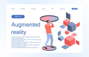 Landing page template of virtual augmented reality glasses concept with man learning and entertaining. Concept of web page design for website and mobile website. Vector illustration.