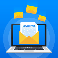 Envelope with a newsletter concept. Open message with the document. Subscribe to newsletter concept. Vector illustration.