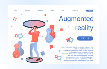 Landing page template of virtual augmented reality glasses concept with man learning and entertaining. Concept of web page design for website and mobile website. Vector illustration.
