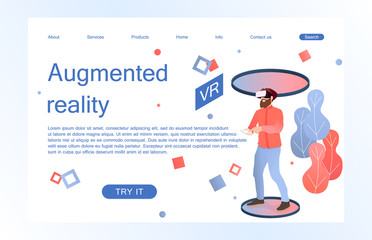 Landing page template of virtual augmented reality glasses concept with man learning and entertaining. Concept of web page design for website and mobile website. Vector illustration. 