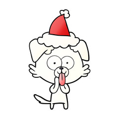 gradient cartoon of a dog with tongue sticking out wearing santa hat