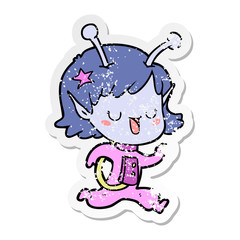 distressed sticker of a happy alien girl cartoon