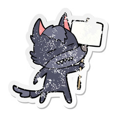distressed sticker of a cartoon wolf with sign post showing teeth