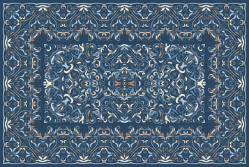 Vintage Arabic pattern. Persian colored carpet. Rich ornament for fabric design, handmade, interior decoration, textiles. Blue background. - 251634029