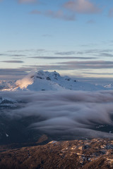 Aerial view of a beautiful Canadian Landscape during a winter sunset. Taken north of Vancouver, British Columbia, Canada.