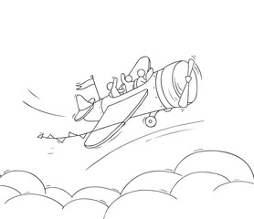 Sketch of little people fly on plane.