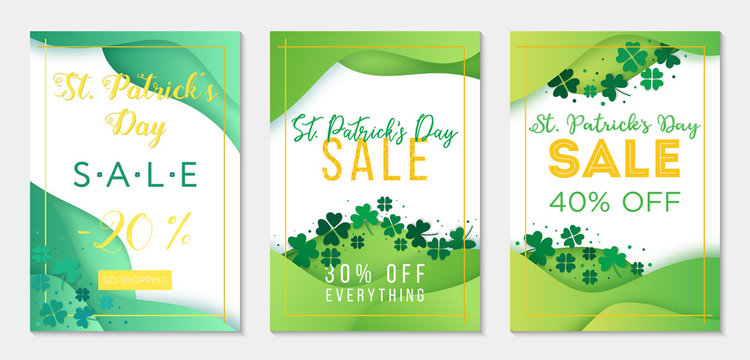 Collection Of Three Sale Banner Templates To St Patricks Day. Paper Cut Style, Green Backgrounds