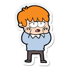 sticker of a cartoon exhausted boy