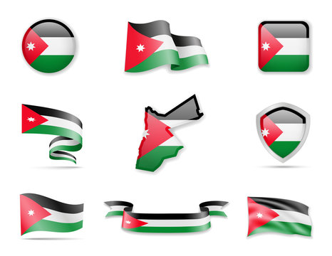Jordan flags collection. Flags and outline of the country vector illustration set
