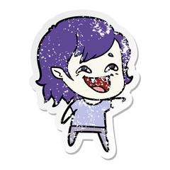distressed sticker of a cartoon laughing vampire girl