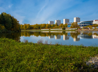 Big pond in Victory Park in autumn in Zelenograd of Moscow, Russia