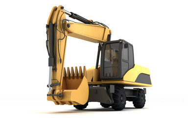 Wheeled hydraulic excavator with bucket isolated on white background. 3d illustration. Perspective. Front side view. Left side.