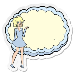 sticker of a cartoon friendly woman with cloud text space