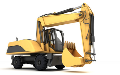 Wheeled hydraulic excavator with bucket isolated on white background. 3d illustration. Perspective. Front side view. Right side.