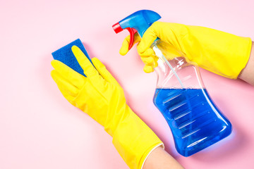 Cleaning concept  with microfiber rag, gloves and cleaning spray agent.