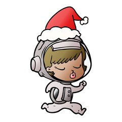 gradient cartoon of a pretty astronaut girl running wearing santa hat