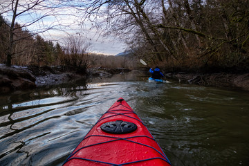 Adventurous man kayaking in peaceful water surrounded by the trees. Taken in Squamish, North of...