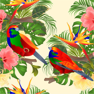 Seamless texture   tropical birds Euplectes and tropical flowers  pink and yellow hibiscus and Strelitzia palm,philodendron and ficus vintage vector illustration  editable hand draw