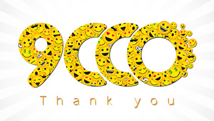 Thank you 9 000 followers logotype. Congratulating bright 9.000 networking thanks, net friends yellow symbol, 9000k sign with people faces. Isolated smiling numbers. Abstract graphic design template.