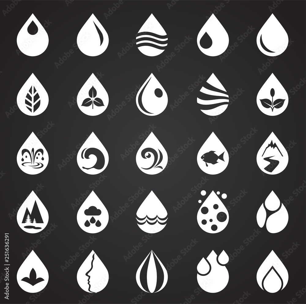 Poster drop water icons set on black background for graphic and web design, modern simple vector sign. inte