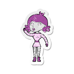 retro distressed sticker of a cartoon robot woman waving