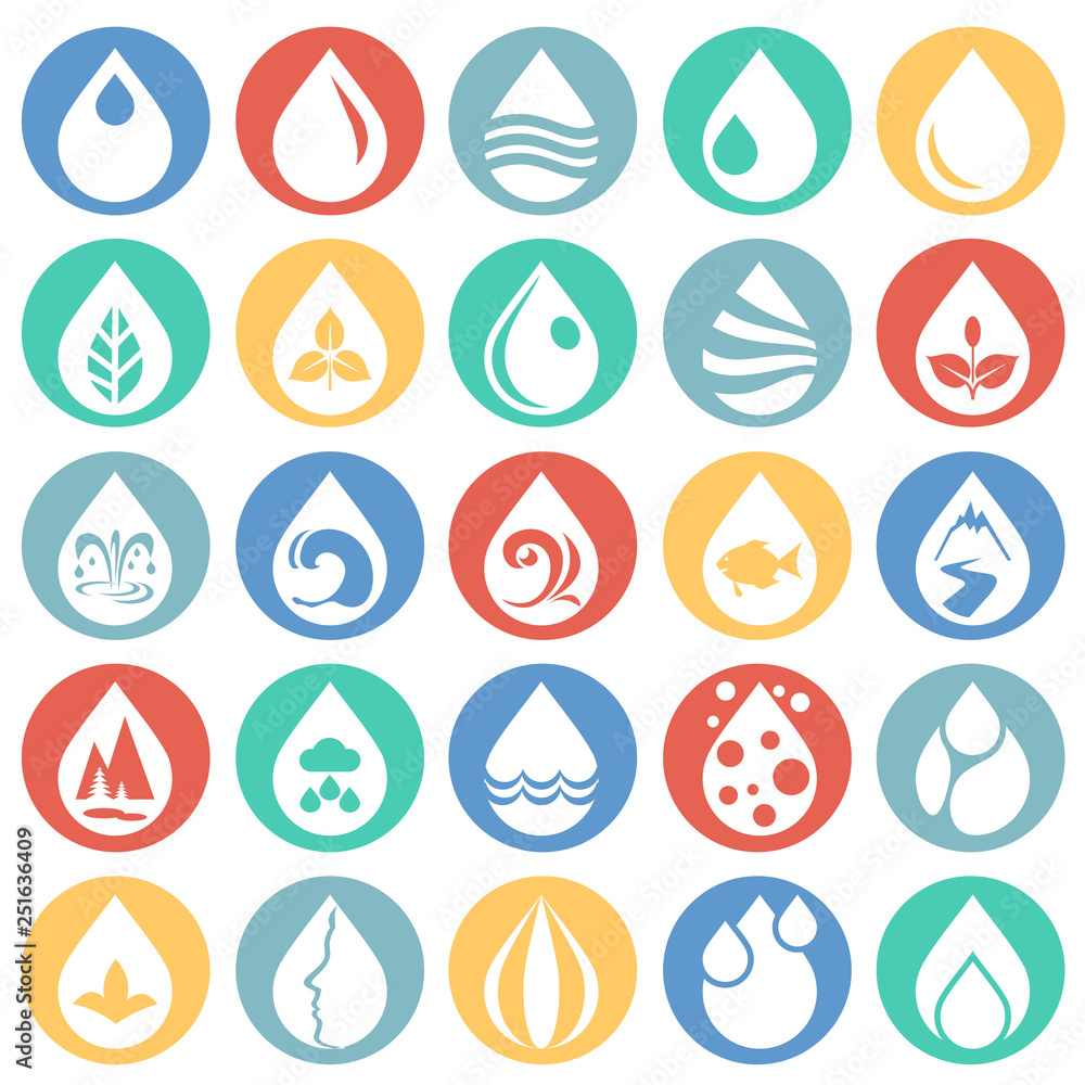 Poster drop water icons set on color circles white background for graphic and web design, modern simple vec