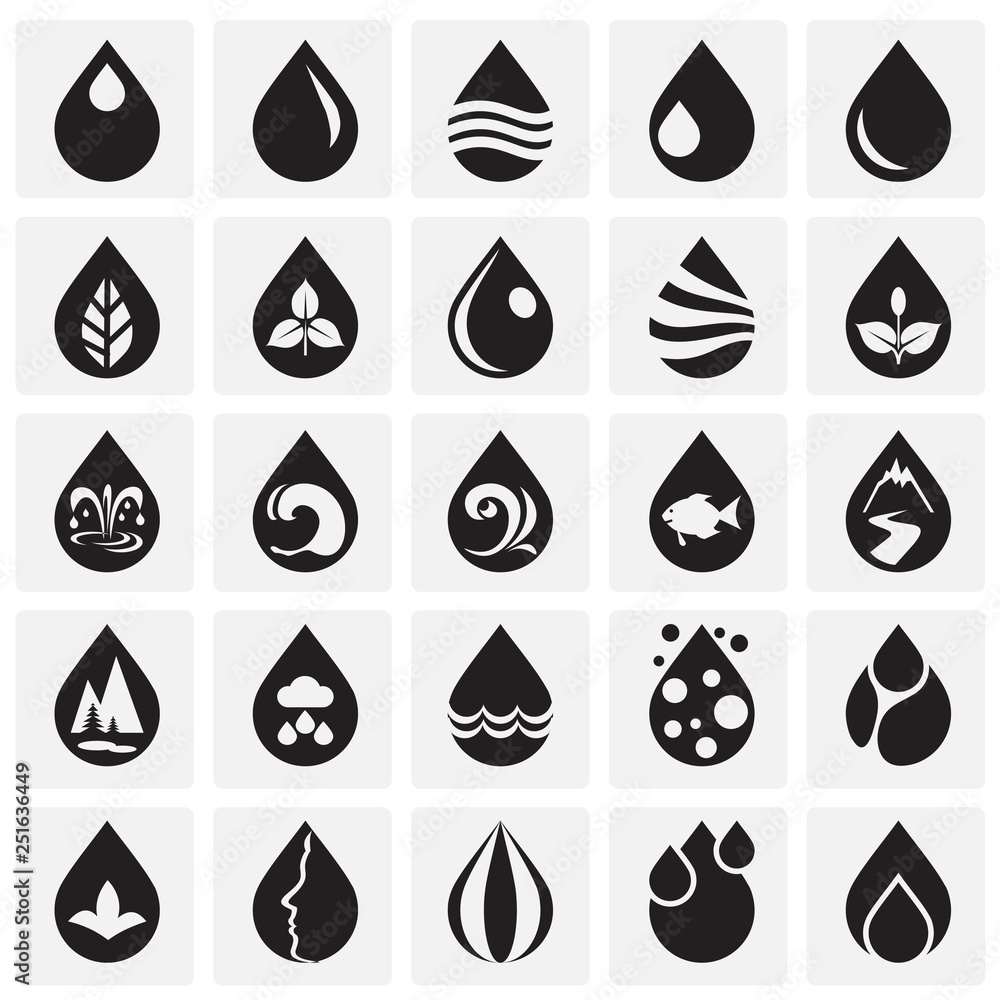 Poster drop water icons set on squares background for graphic and web design, modern simple vector sign. in