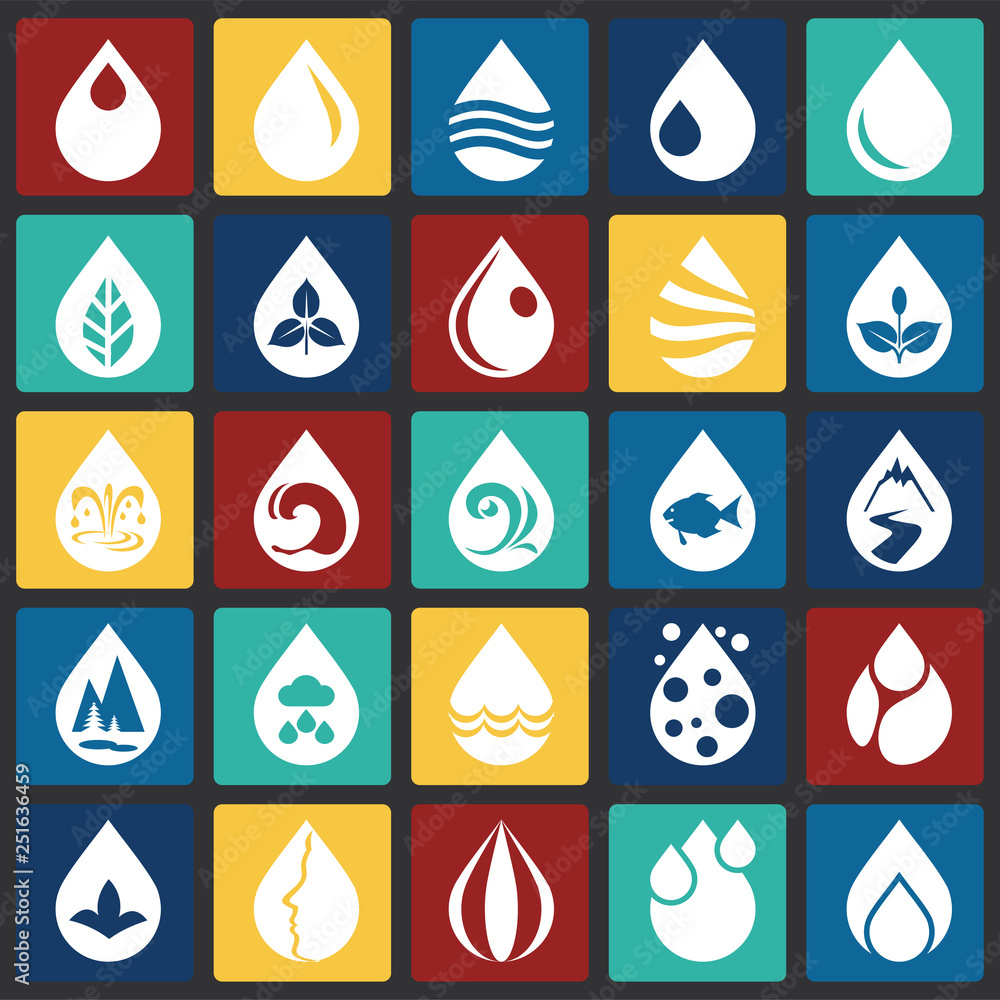 Poster drop water icons set on color squares background for graphic and web design, modern simple vector si