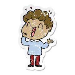 distressed sticker of a cartoon happy man