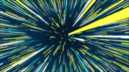 Blue, yellow and green abstract radial lines geometric background. Data flow tunnel. Explosion...