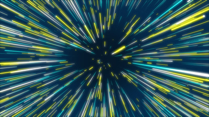 Blue, yellow and green abstract radial lines geometric background. Data flow tunnel. Explosion star. Motion effect. background