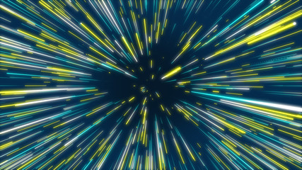 Obraz premium Blue, yellow and green abstract radial lines geometric background. Data flow tunnel. Explosion star. Motion effect. background