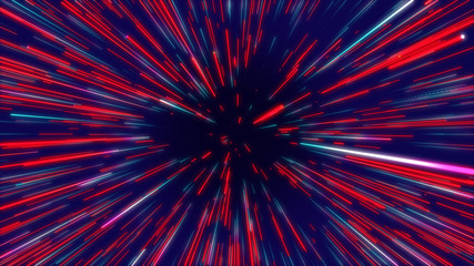 Red and blue abstract radial lines geometric background. Data flow tunnel. Explosion star. Motion...