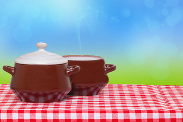Table top on bowl background. Closeup of two hot brown ceramic soup bowls on a red checkered tablecloth over abstract bright spring background. Template for your display product montage.