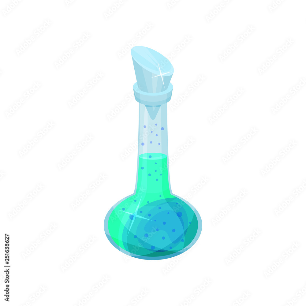 Poster flat vector icon of glass bottle with potion. bright blue liquid. magic elixir. mobile game asset