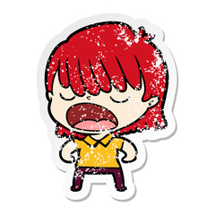 distressed sticker of a cartoon woman talking loudly