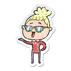 distressed sticker of a cartoon happy woman wearing spectacles