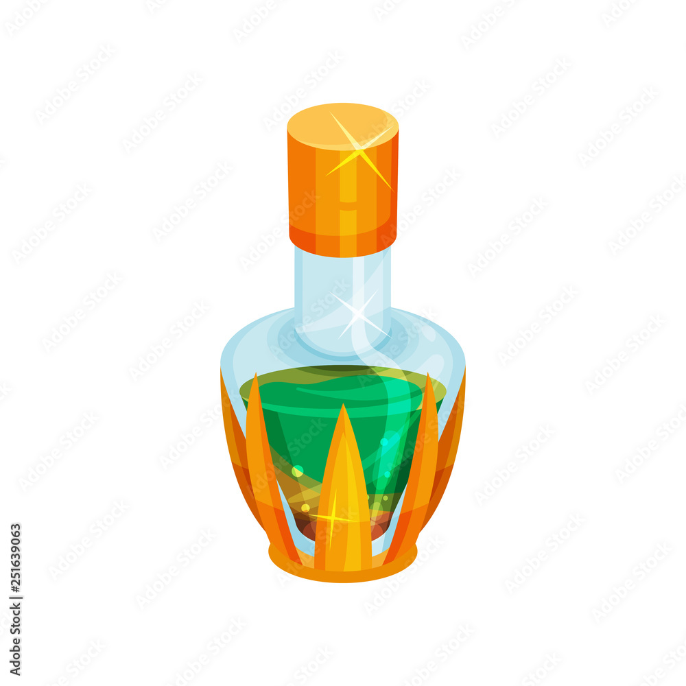 Aufkleber bottle with potion. glass container with green liquid and orange lid. magic elixir. flat vector for 