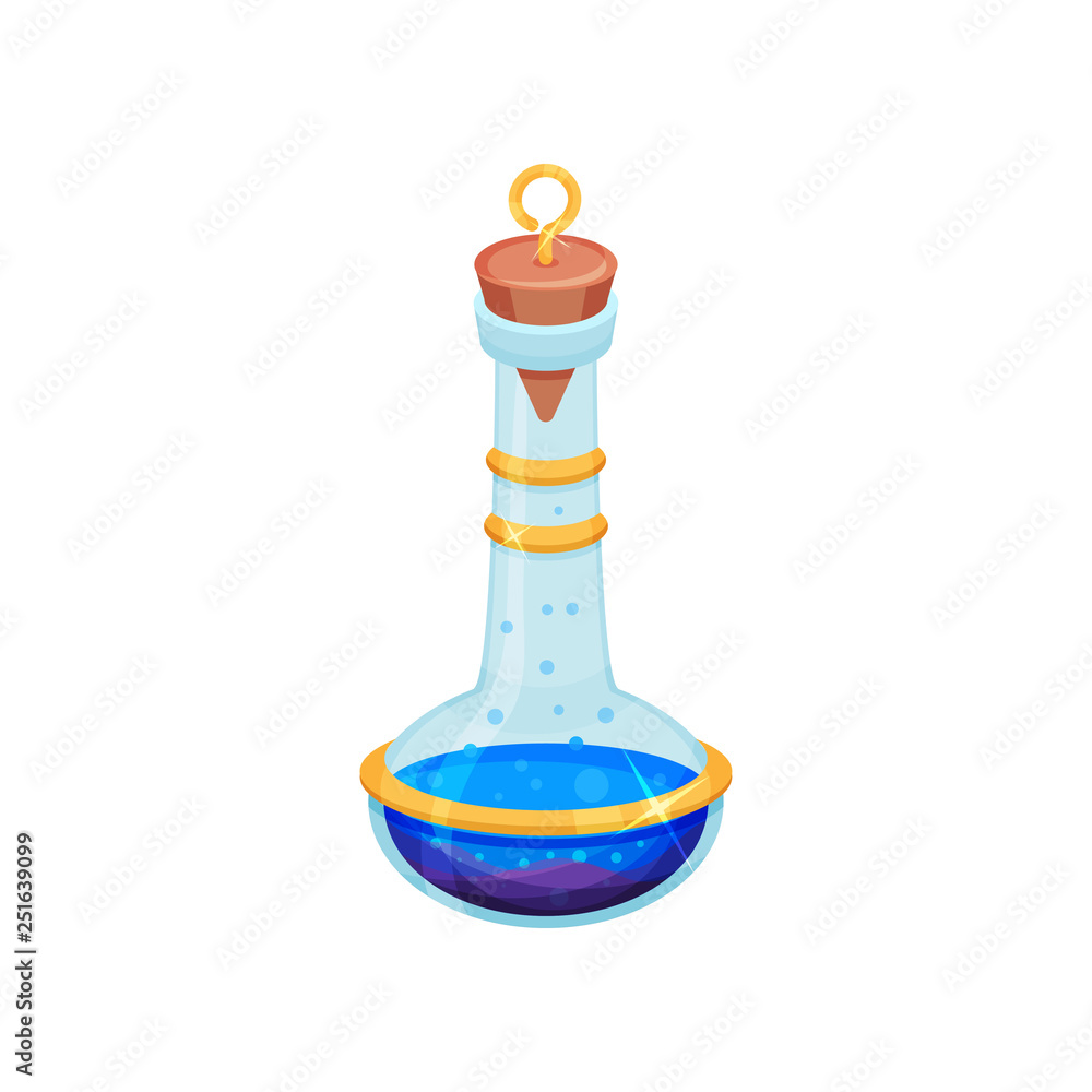 Poster flat vector design of bottle with bright blue potion. glass flask with lid. toxic liquid. magic elix