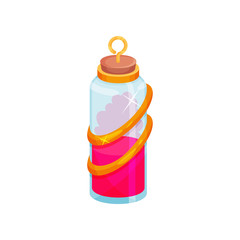 Cartoon vector icon of glass bottle with potion. Small vial with bright pink liquid. Magic elixir